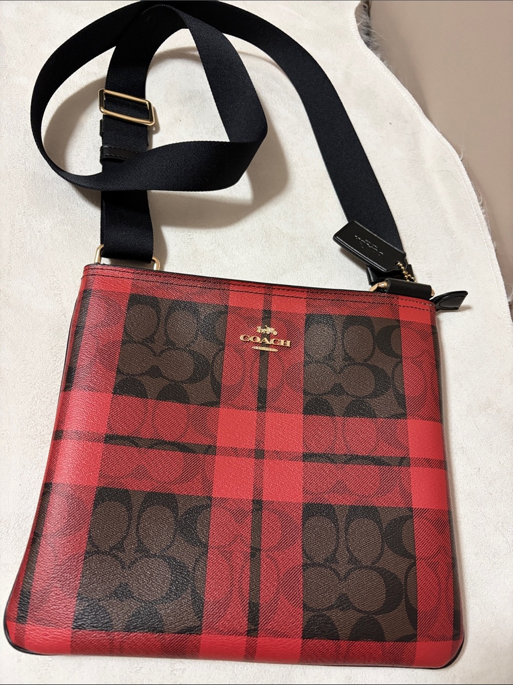 Coach Red and Brown Plaid Signature Crossbody